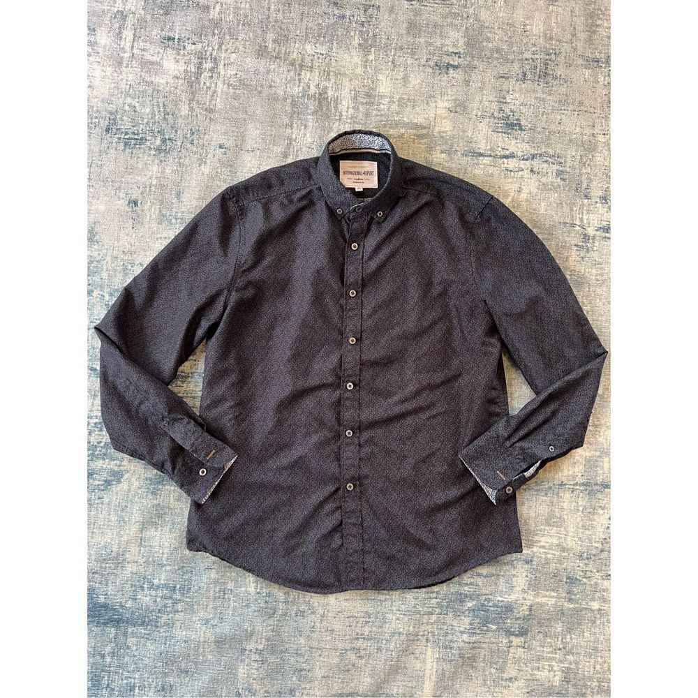 International Report Black Blue Micro Floral Print Long Sleeve Button Down Mediu